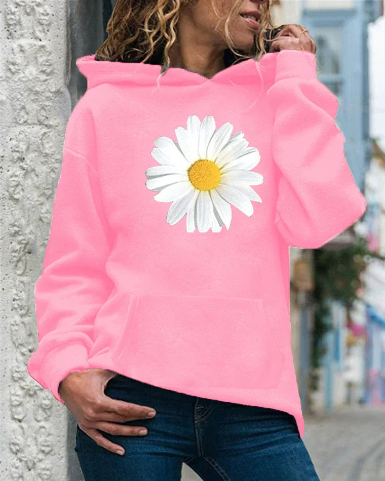 Sweat à capuche femme – Coupe décontractée – Polaire douce – Imprimé marguerite