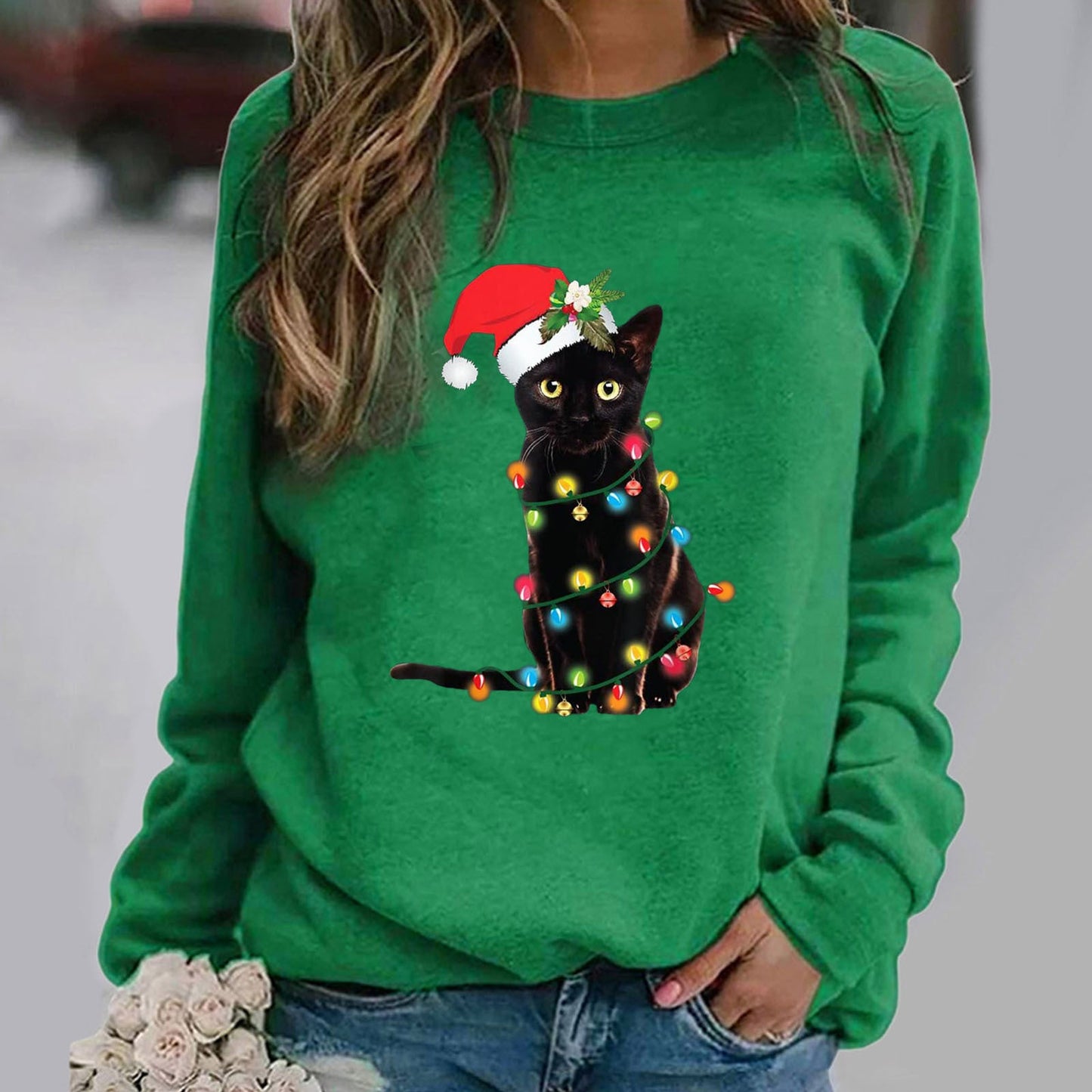 Sweat à capuche femme – Coton doux – Coupe décontractée – Manches longues – Motif chat Noël