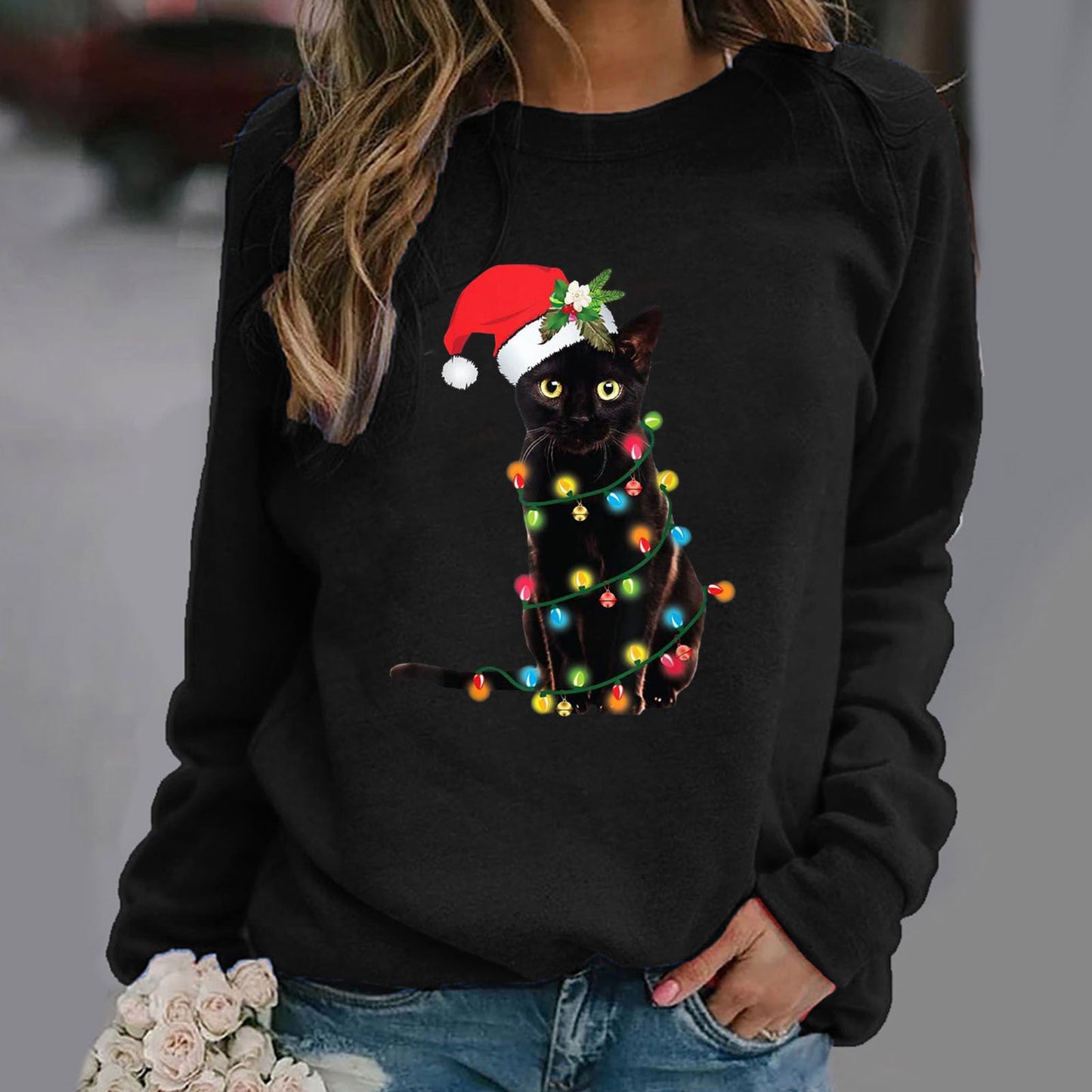 Sweat à capuche femme – Coton doux – Coupe décontractée – Manches longues – Motif chat Noël