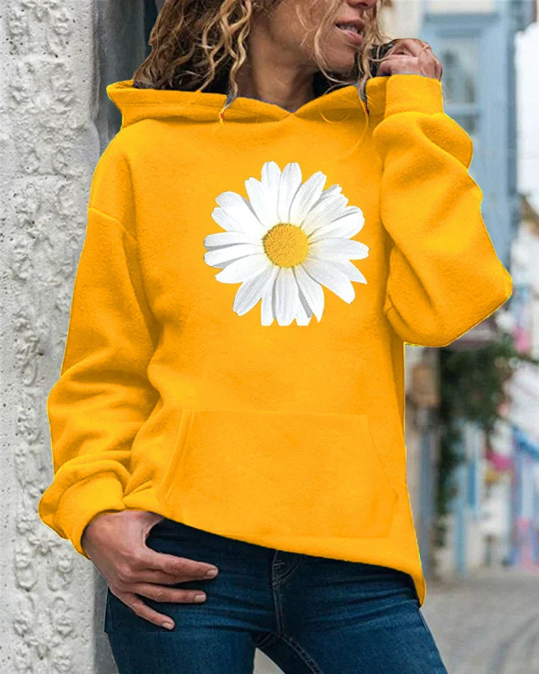 Sweat à capuche femme – Coupe décontractée – Polaire douce – Imprimé marguerite