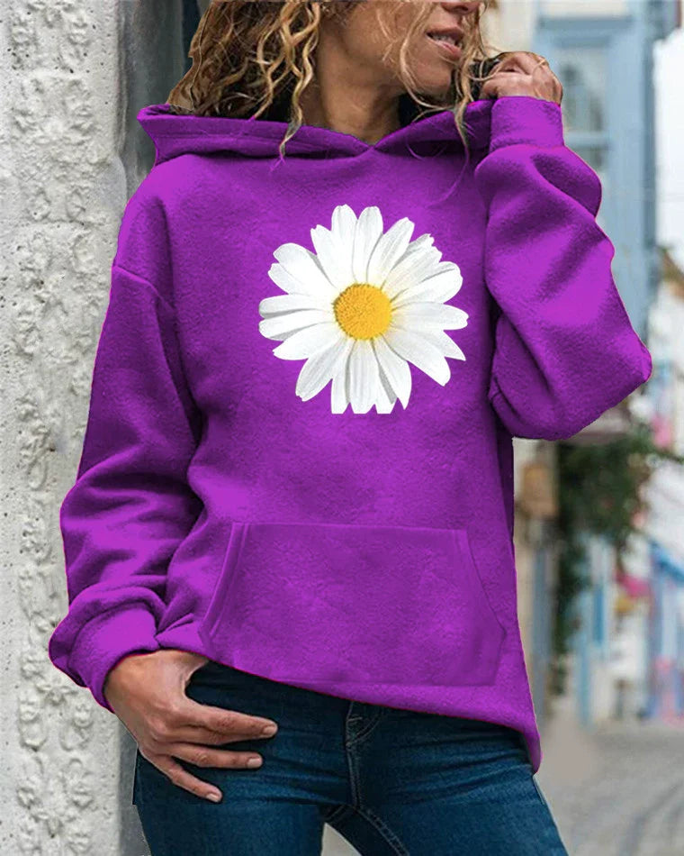 Sweat à capuche femme – Coupe décontractée – Polaire douce – Imprimé marguerite