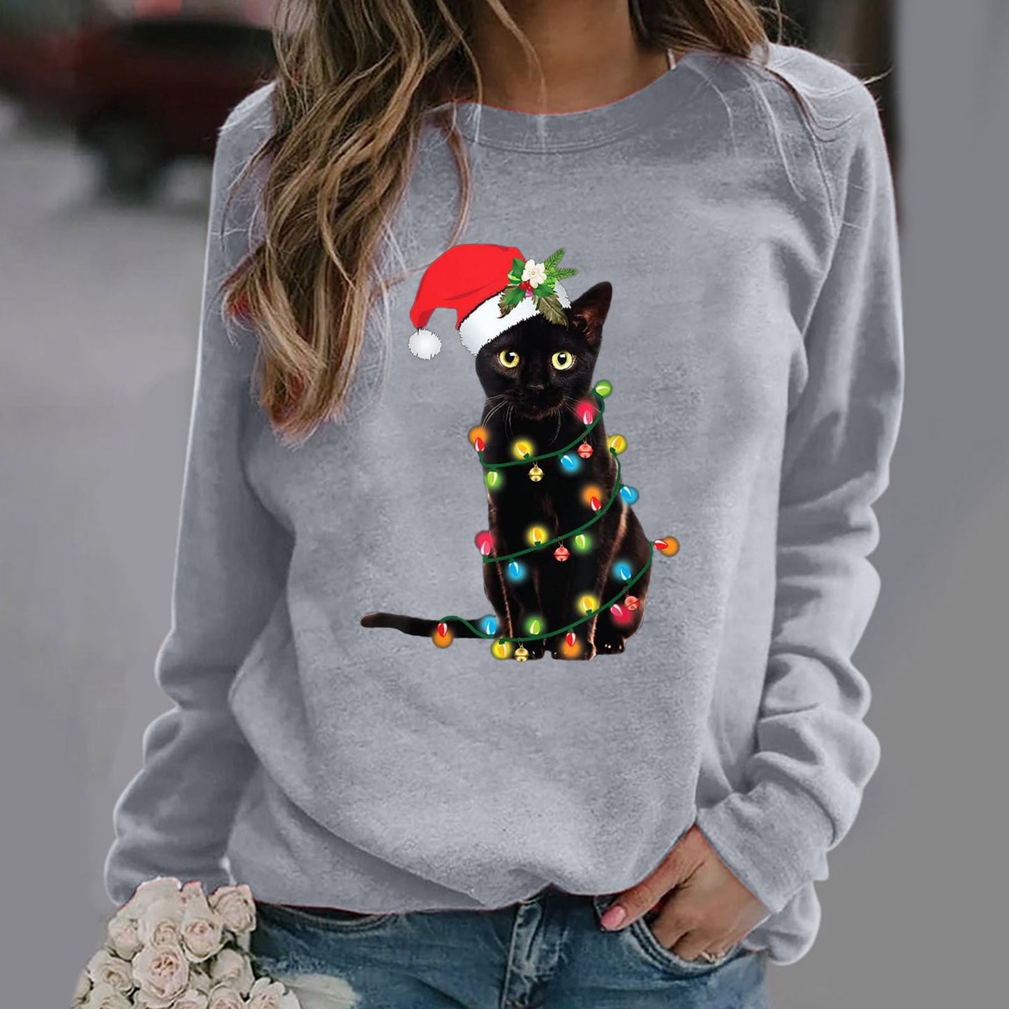 Sweat à capuche femme – Coton doux – Coupe décontractée – Manches longues – Motif chat Noël