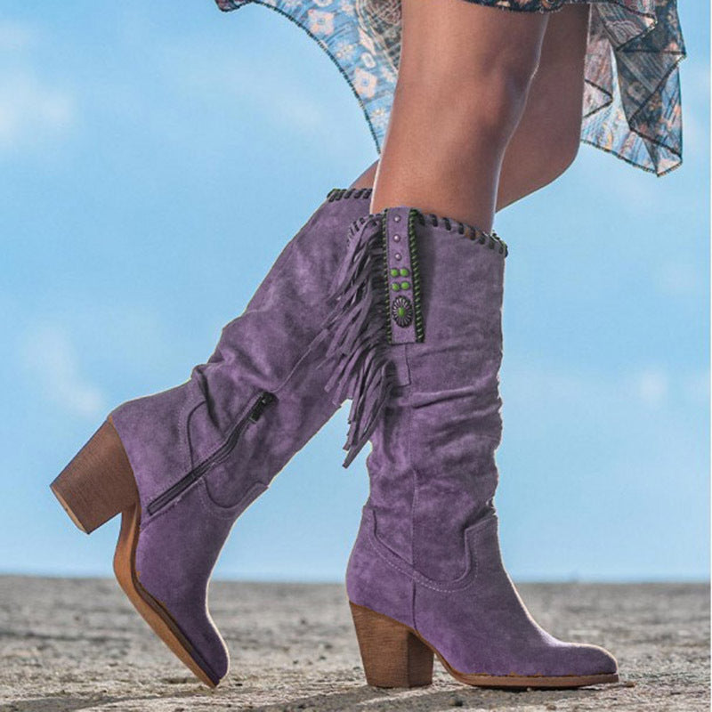 Bottes femme hauteur genou – Suédine – Franges – Style western – Talon bloc