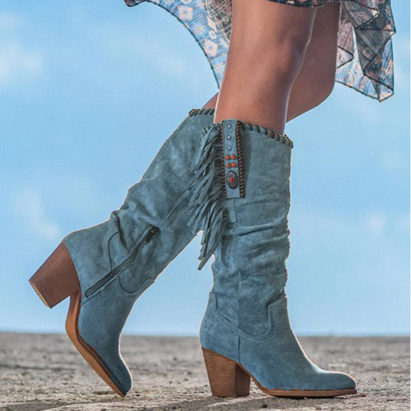 Bottes femme hauteur genou – Suédine – Franges – Style western – Talon bloc