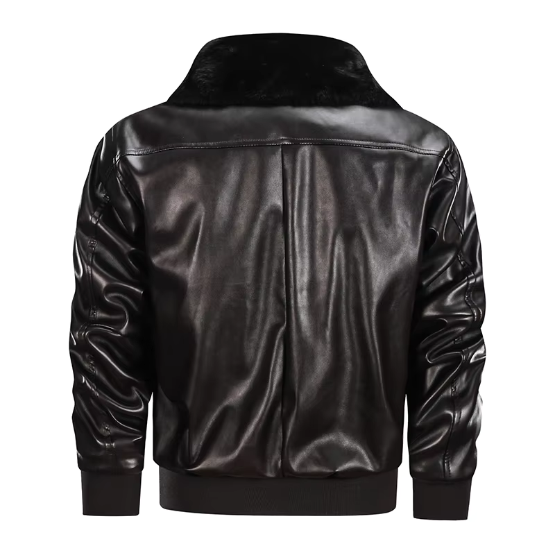 Blouson en cuir homme – Coupe régulière – Style vintage – Poignets côtelés – Zip frontal