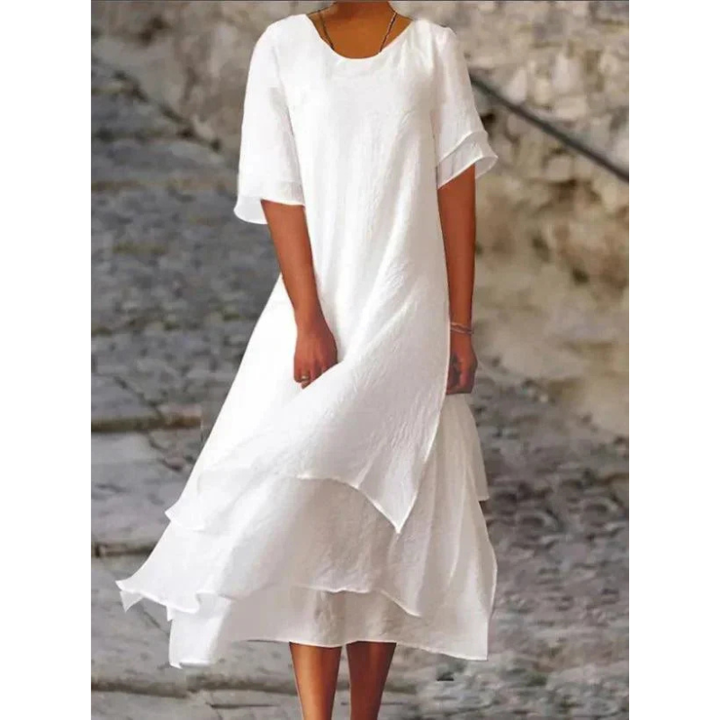 Robe midi femme – Coupe évasée fluide – Manches coudes – Tissu fibres naturelles