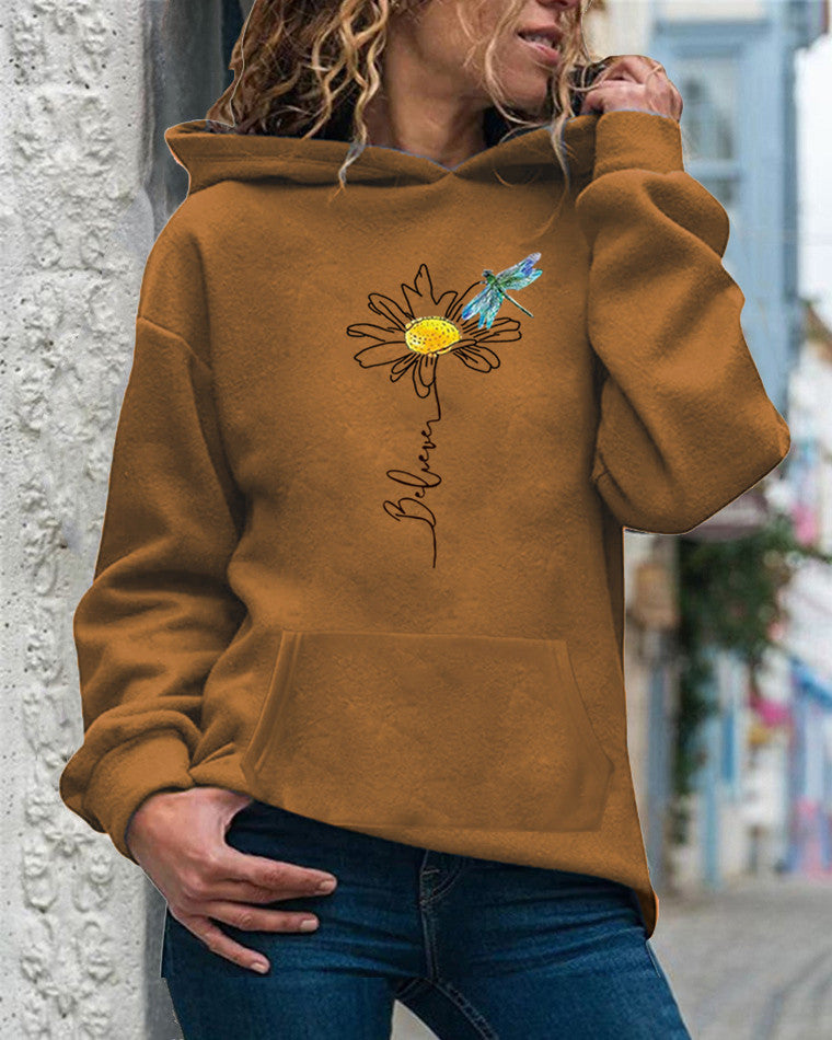Sweat à Capuche Femme – Coupe Décontractée – Coton Doux – Motif Tournesol – Manches Longues