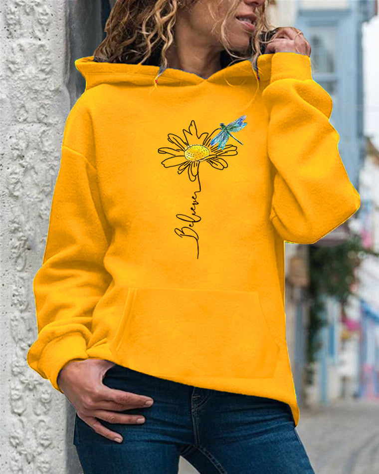 Sweat à Capuche Femme – Coupe Décontractée – Coton Doux – Motif Tournesol – Manches Longues