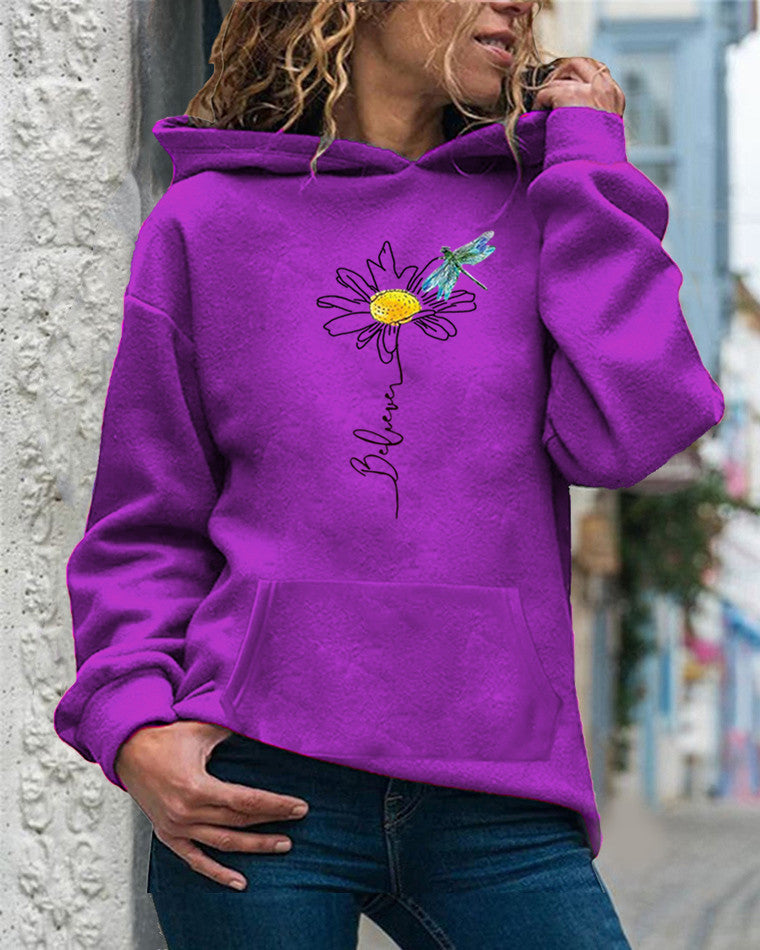 Sweat à Capuche Femme – Coupe Décontractée – Coton Doux – Motif Tournesol – Manches Longues