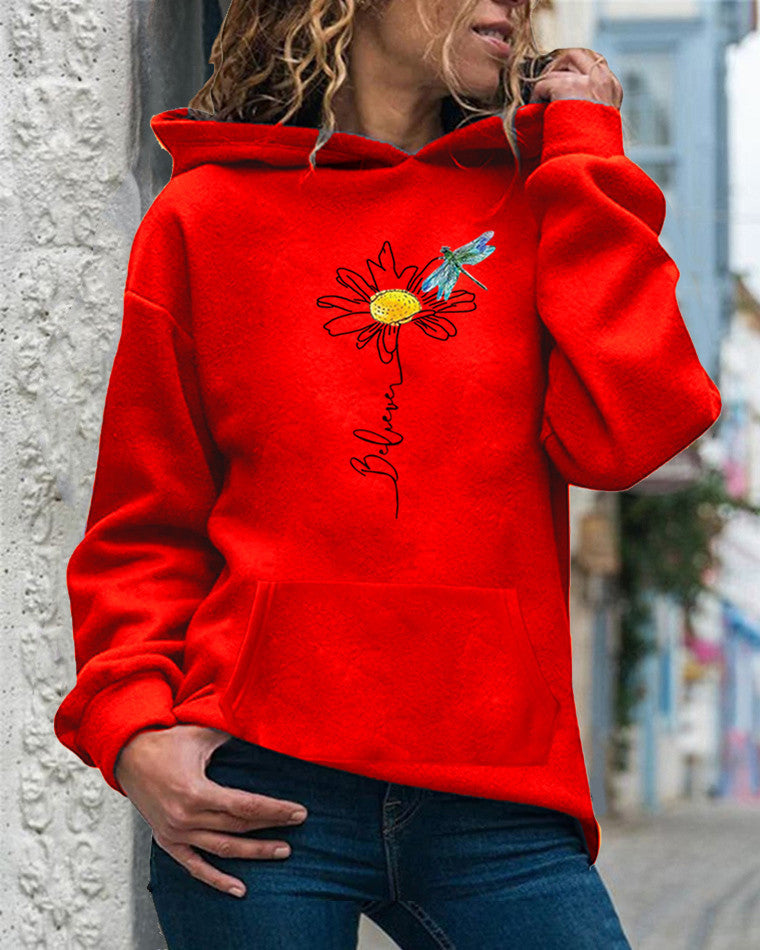 Sweat à Capuche Femme – Coupe Décontractée – Coton Doux – Motif Tournesol – Manches Longues