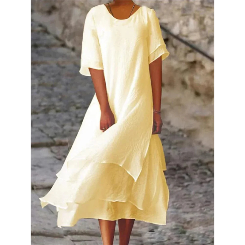 Robe midi femme – Coupe évasée fluide – Manches coudes – Tissu fibres naturelles
