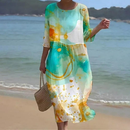 Robe Maxi Femme - Fluide et Légère - Manches 3/4 - Col Rond - Tissu Respirant