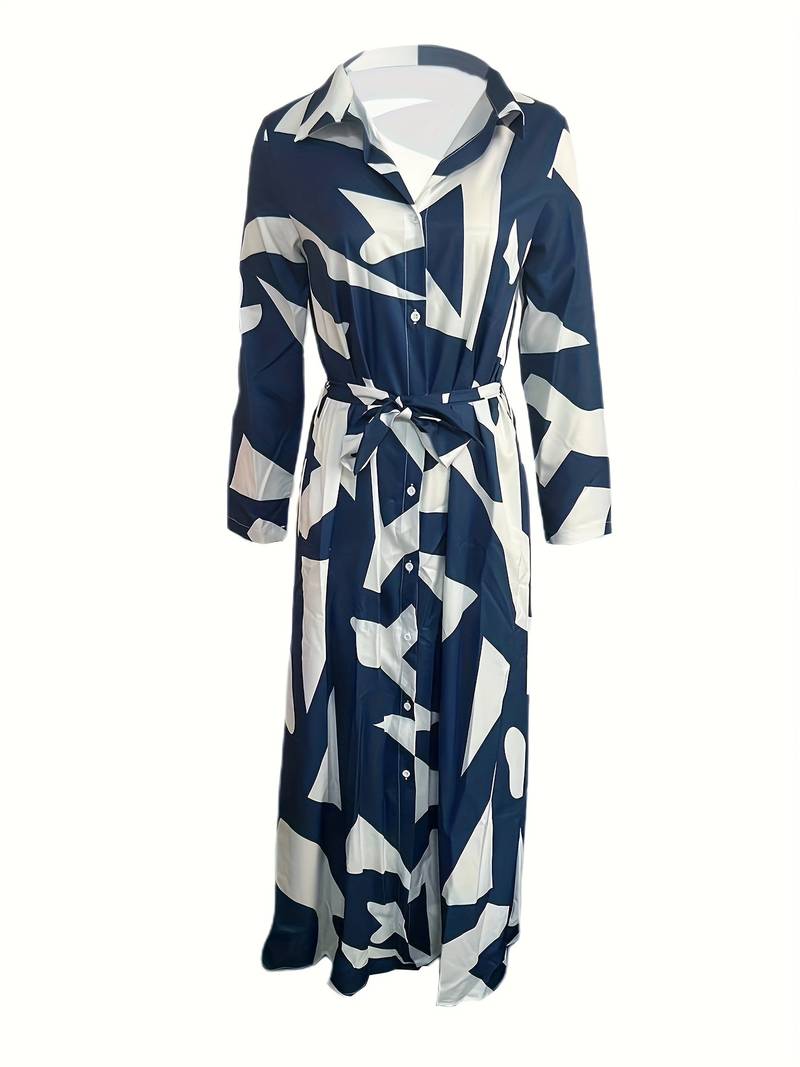 Robe Maxi Femme - Boutonnée - Manches 3/4 - Ceinturée - Motif Rayé - Col Chemise