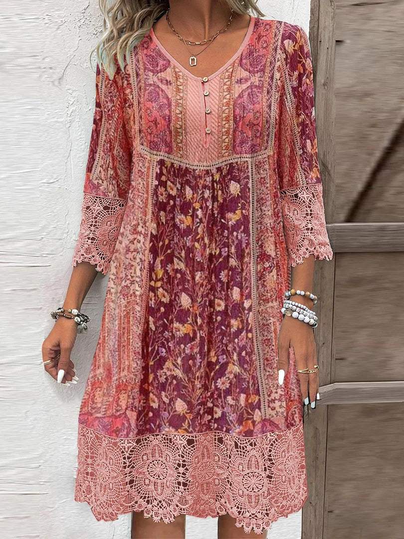 Robe Femme - Style Bohème - Manches 3/4 Dentelle - Col V Boutonné - Coupe Fluide