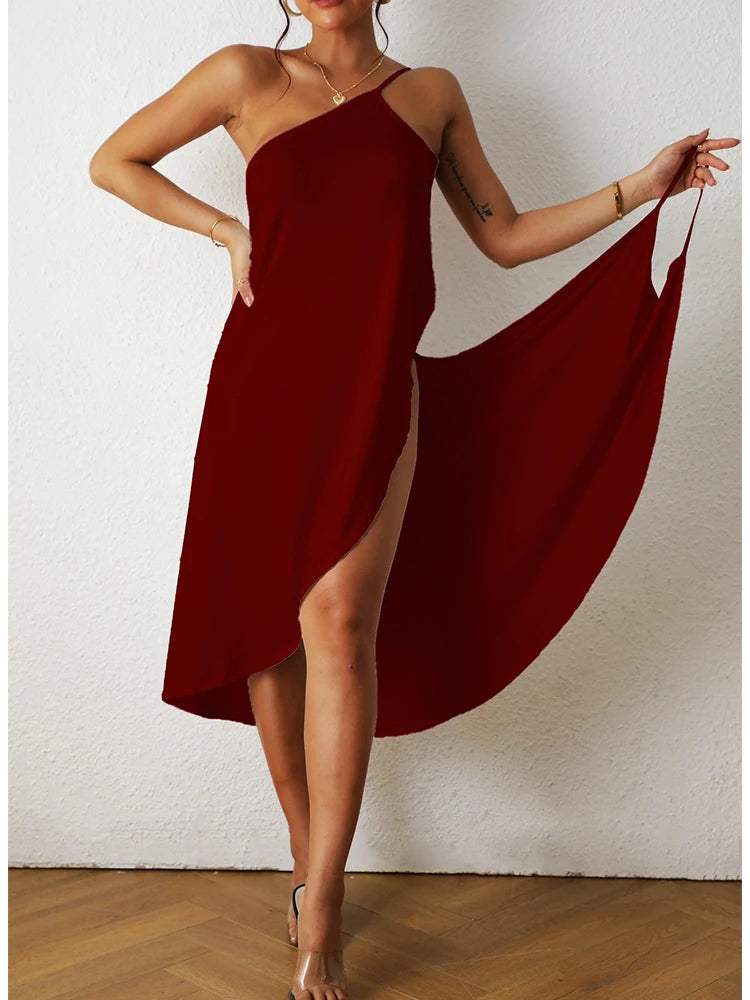 Robe Femme - Asymétrique Une Épaule - Coupe Fluide - Fendue Élégante