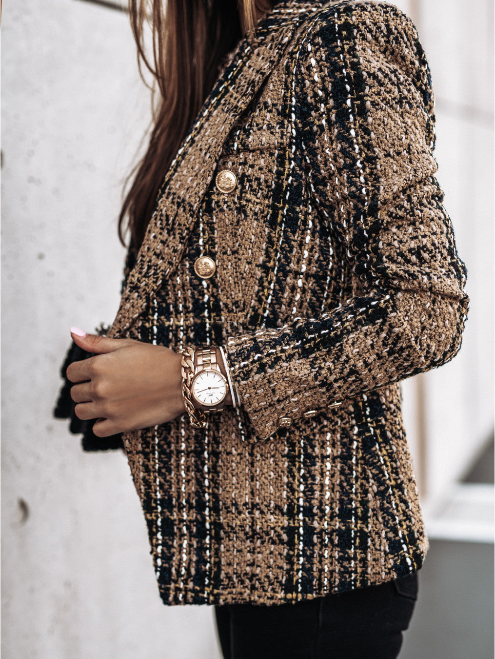 Veste de tailleur femme – Coupe cintrée – Tweed – Carreaux – Double boutonnage
