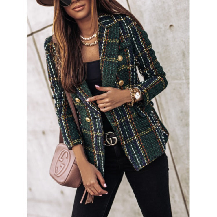 Veste de tailleur femme – Coupe cintrée – Tweed – Carreaux – Double boutonnage