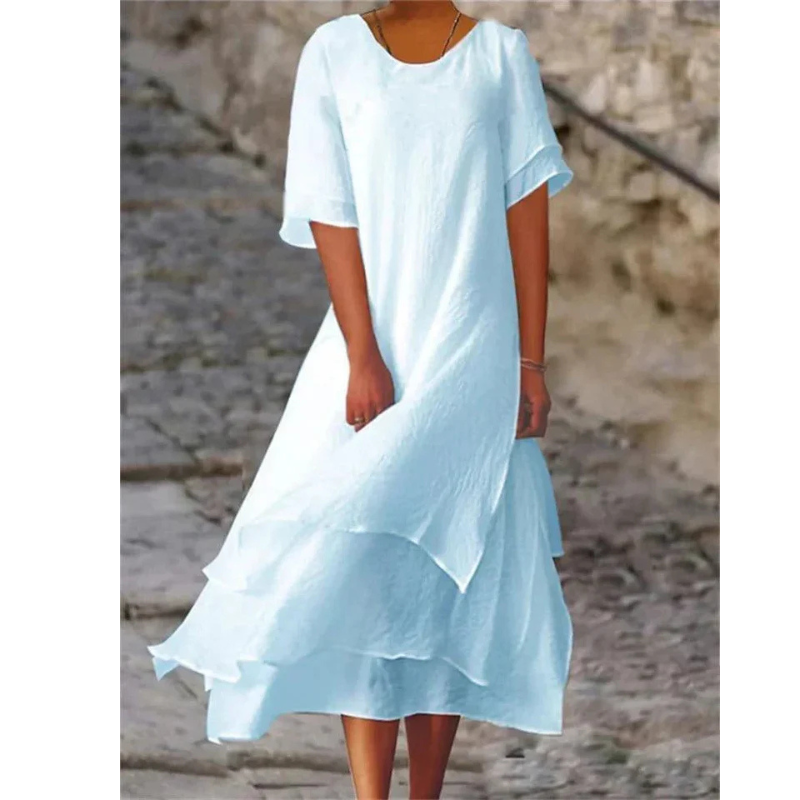 Robe midi femme – Coupe évasée fluide – Manches coudes – Tissu fibres naturelles