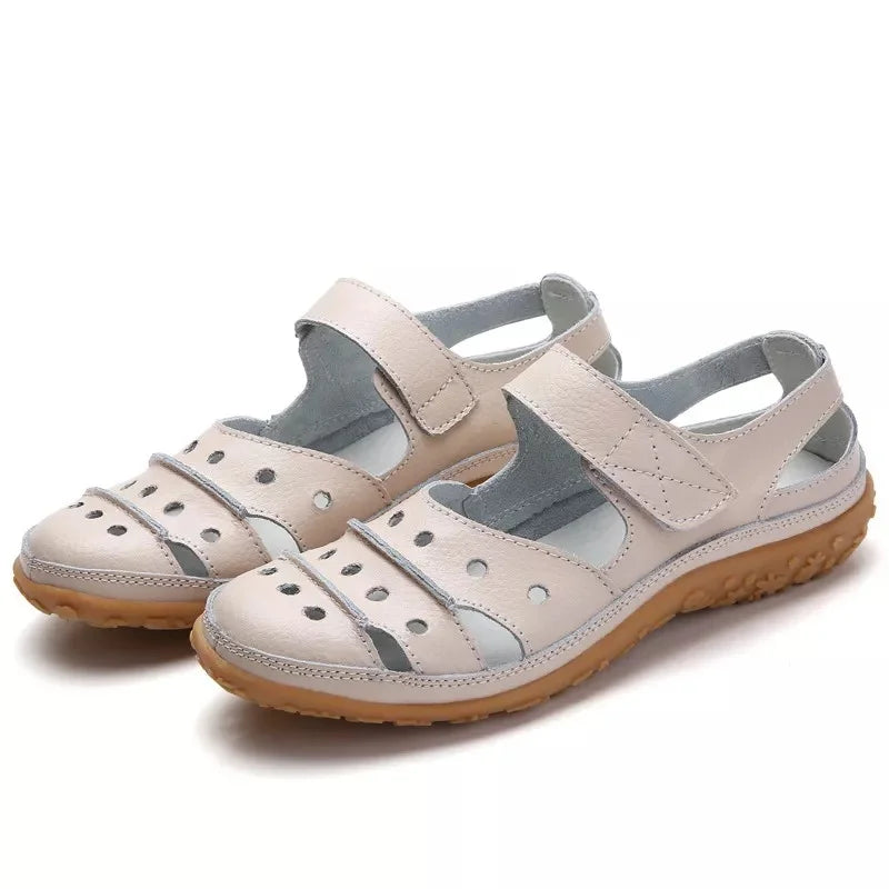Sandales Femme - Bout Fermé - Cuir Respirant - Semelle Confort Antidérapante - Scratch Ajustable