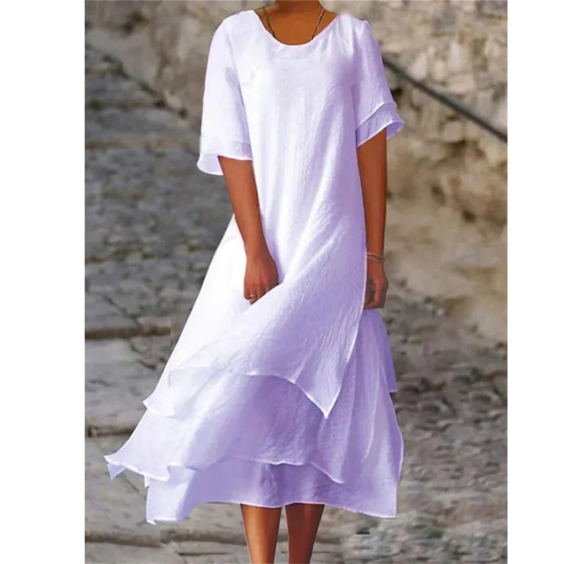 Robe midi femme – Coupe évasée fluide – Manches coudes – Tissu fibres naturelles