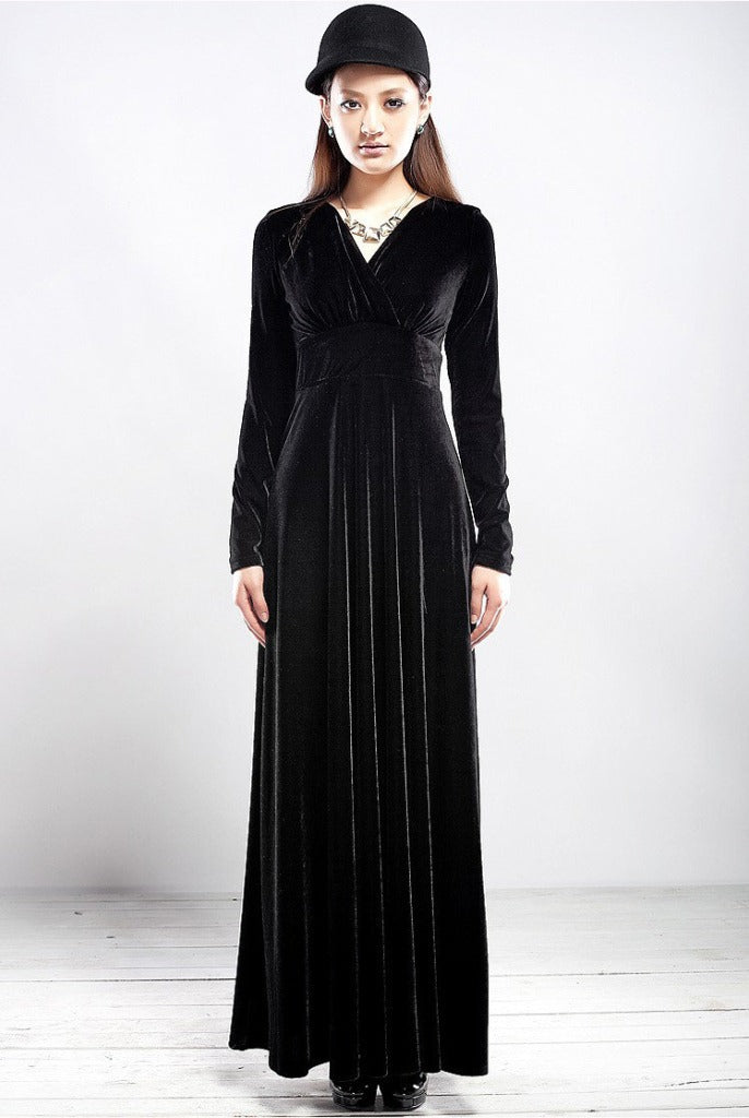 Robe longue femme – Velours doux – Manches longues – Décolleté cache-cœur élégant