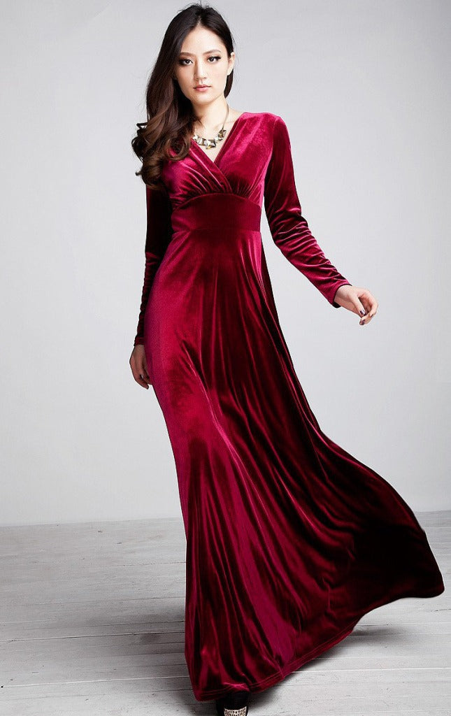 Robe longue femme – Velours doux – Manches longues – Décolleté cache-cœur élégant