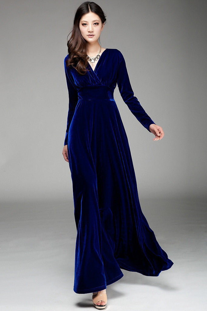 Robe longue femme – Velours doux – Manches longues – Décolleté cache-cœur élégant