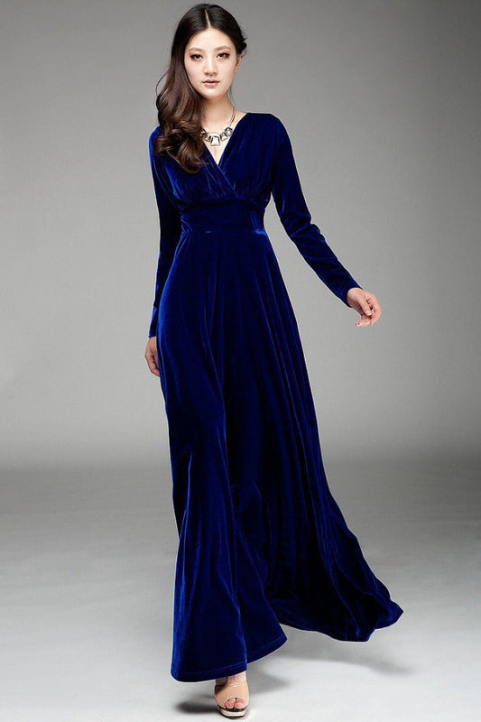 Robe longue femme – Velours doux – Manches longues – Décolleté cache-cœur élégant