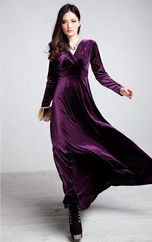 Robe longue femme – Velours doux – Manches longues – Décolleté cache-cœur élégant