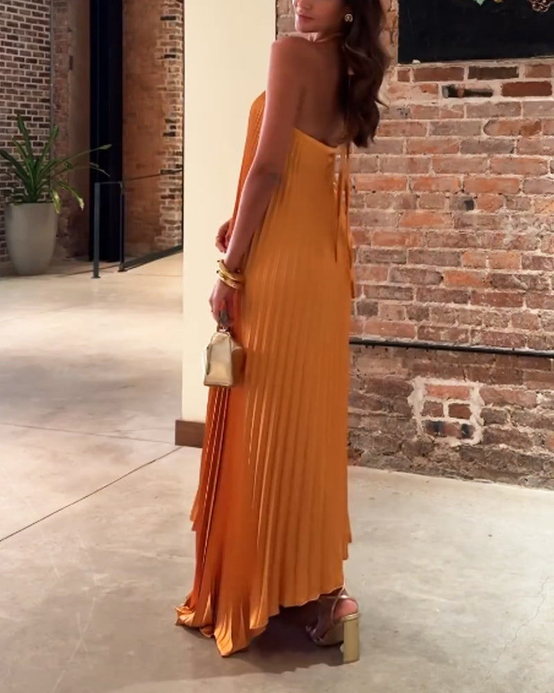 Robe Maxi Femme - Décolleté Halter Croisé - Tissu Plissé Élégant - Tenue de Soirée
