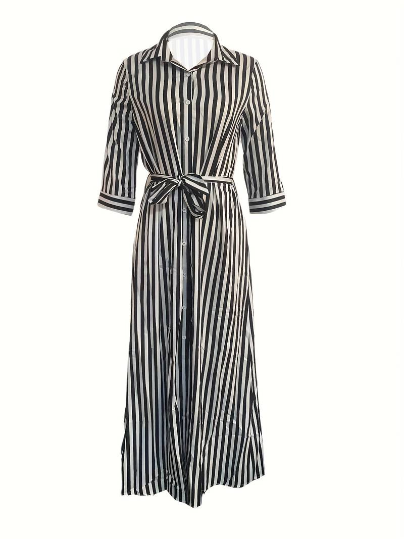 Robe Maxi Femme - Boutonnée - Manches 3/4 - Ceinturée - Motif Rayé - Col Chemise