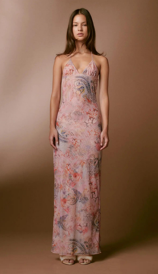 Robe Longue Femme - Dos Nu - Détails Papillon - Tissu Léger Imprimé Fluide