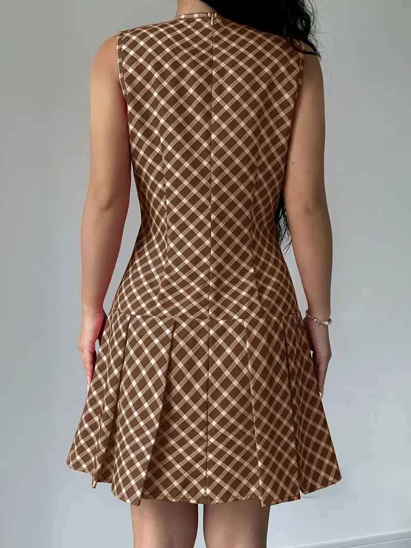 Robe Femme Sans Manches - Coupe Cintrée - Motif Carreaux - Jupe Évasée