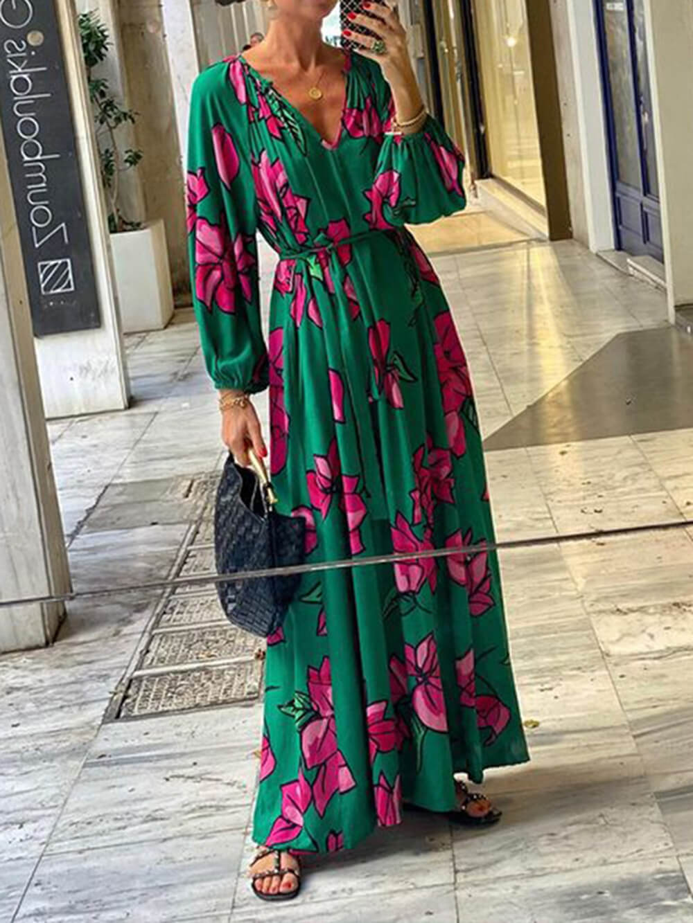 Robe maxi fleurie avec manches bouffantes pour femme - Élégante et légère