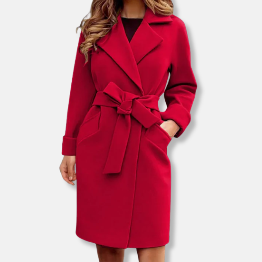 Manteau trench femme – Coupe cintrée – Effet laine – Ceinture nouée – Col à revers