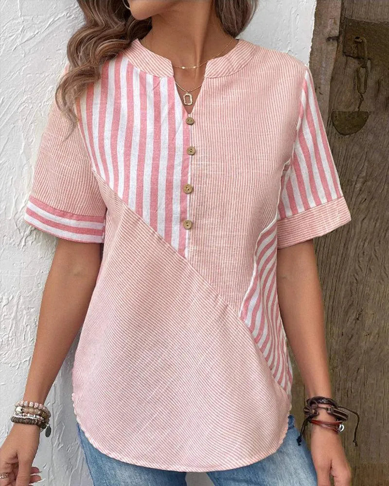 Blouse Femme - Coton Léger - Col Rond V Fendu - Manches Courtes - Style Décontracté