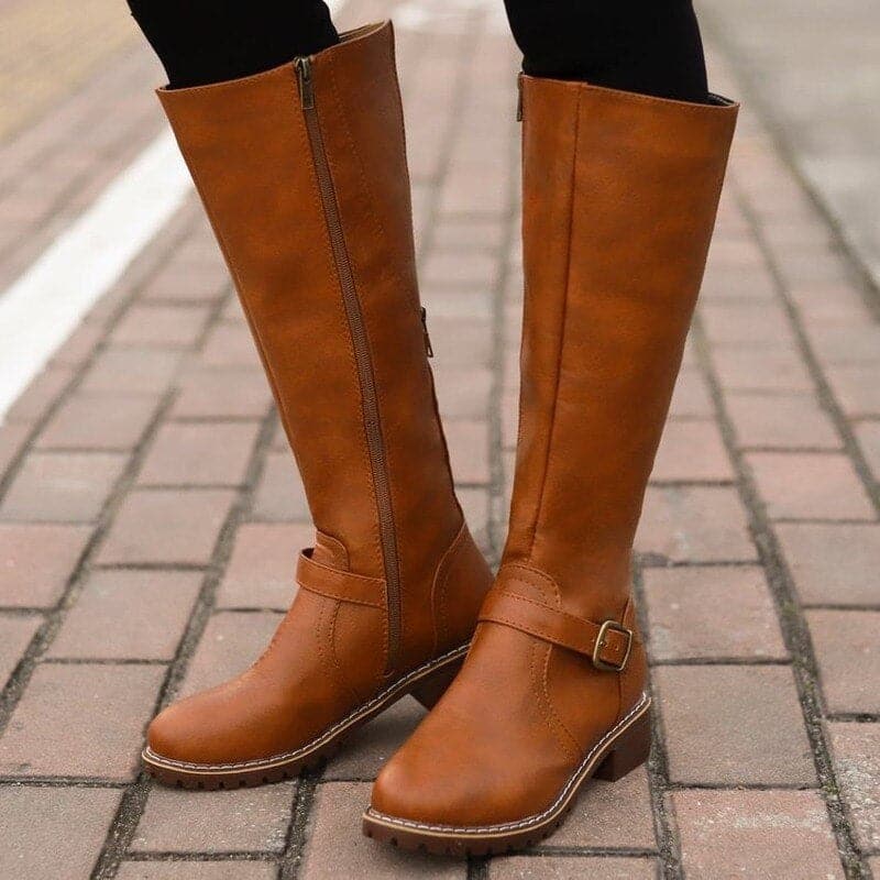 Bottes Hautes Femme - Cuir Lisse - Bout Rond - Talon Bloc Confort - Boucle Décorative