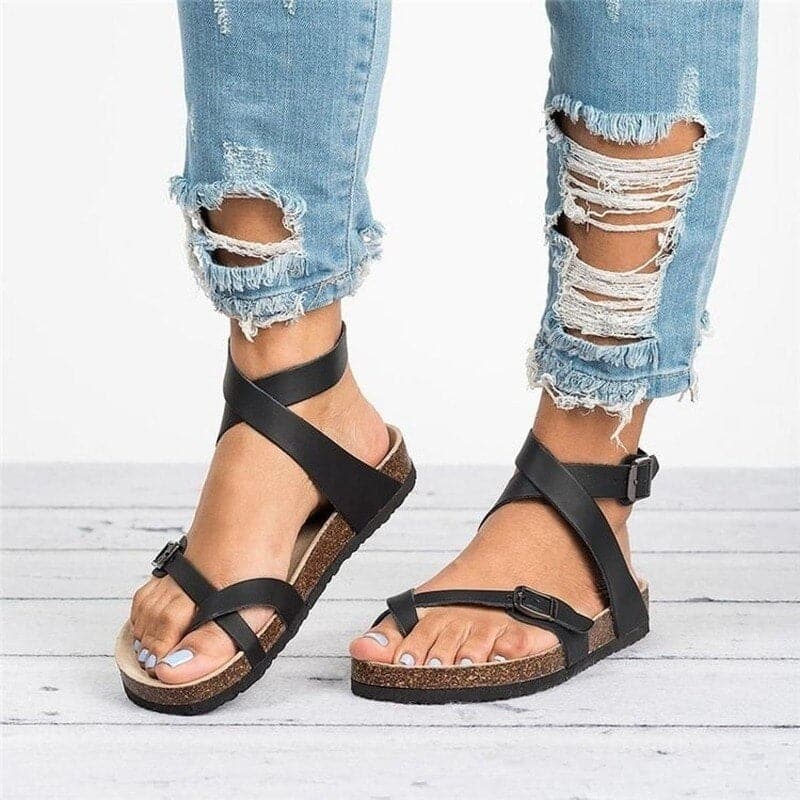 Sandales Femme - Semelle Confort Liège - Brides Multiples avec Boucle - Style Décontracté