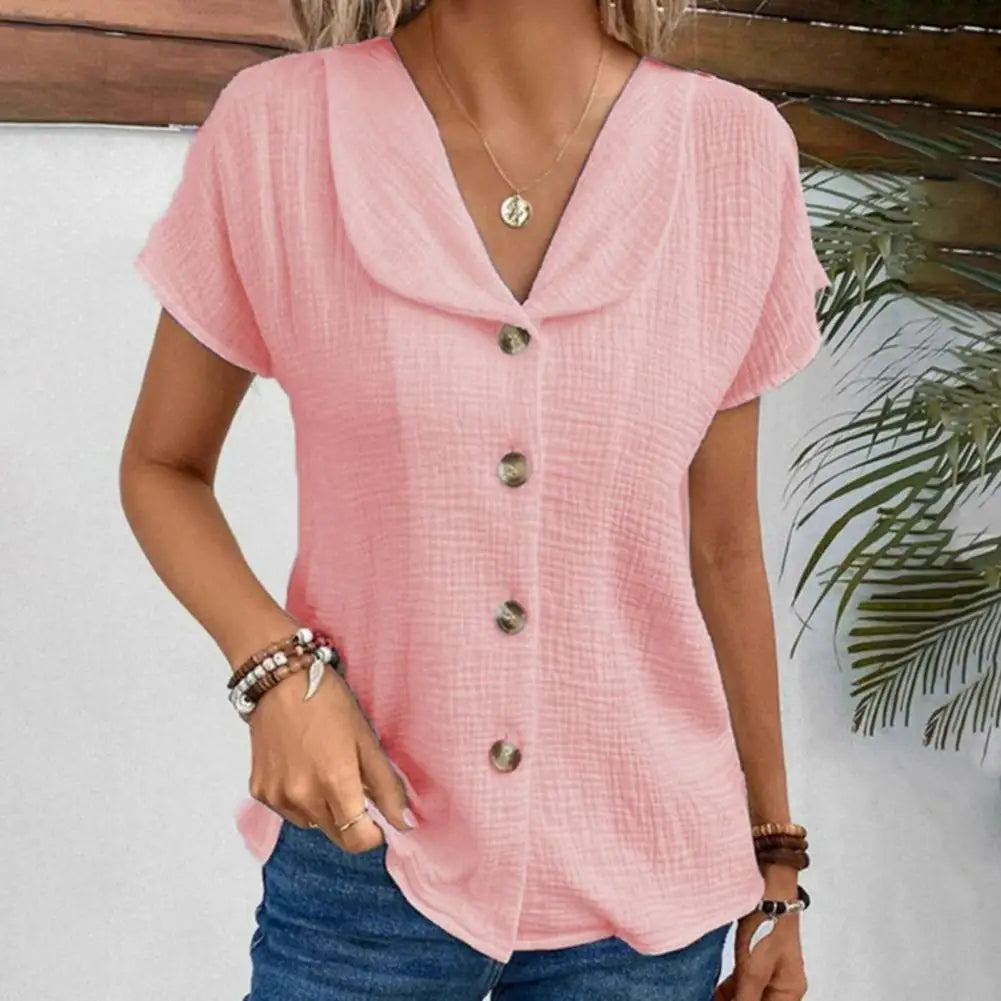 Blouse Femme – Coupe Ample – Texture Froissée – Manches Courtes – Boutons Voyants