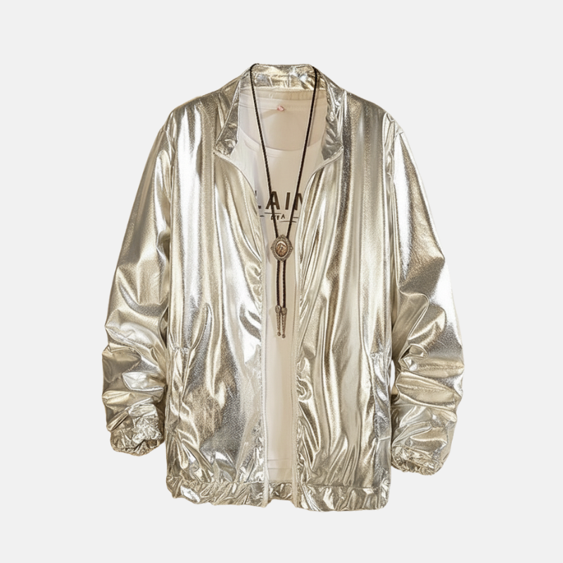 Veste homme – Coupe ample – Finition brillante – Sans col – Fermeture zippée
