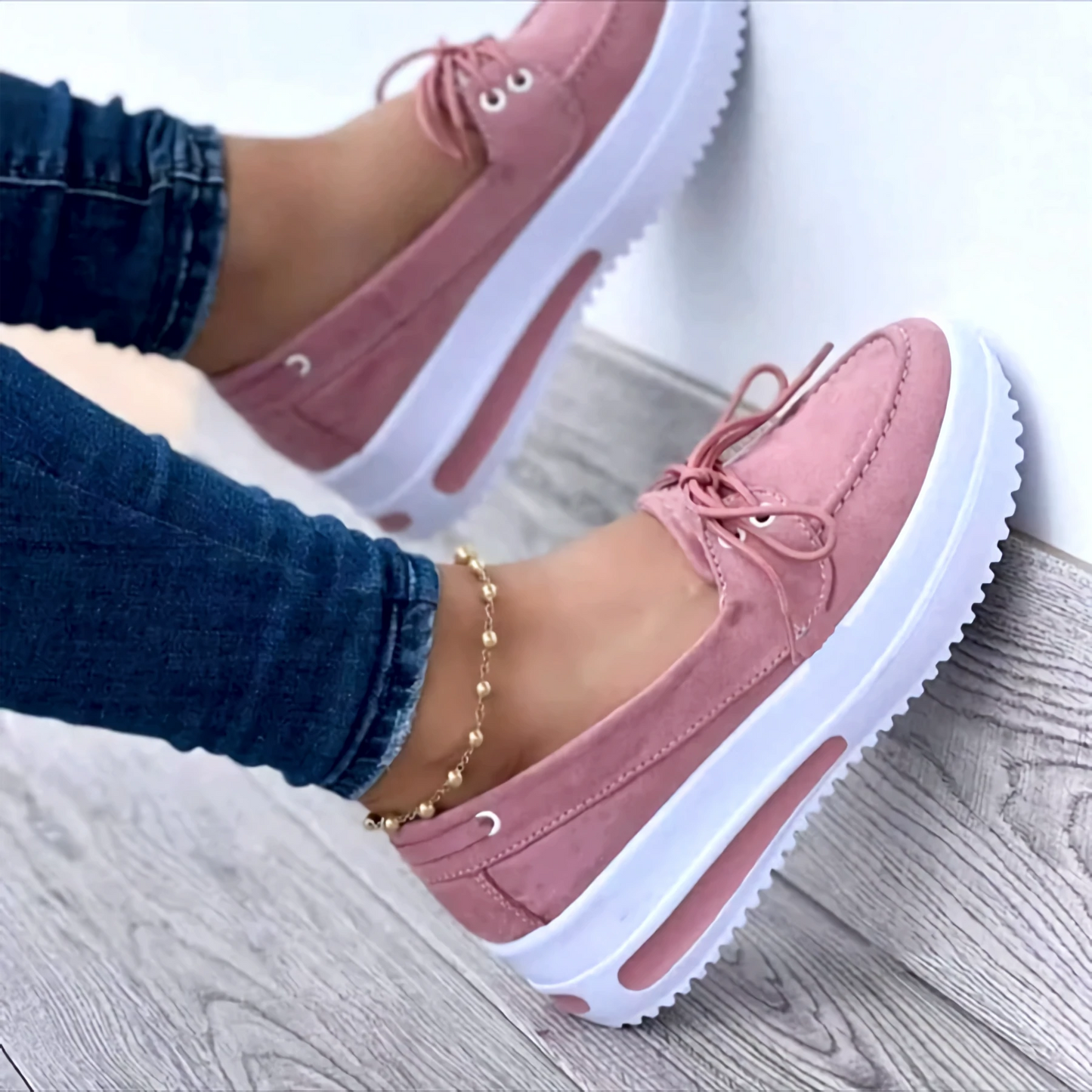 Chaussures Femme - Mocassins à Enfiler - Semelle Plateforme - Détail Lacet Casual