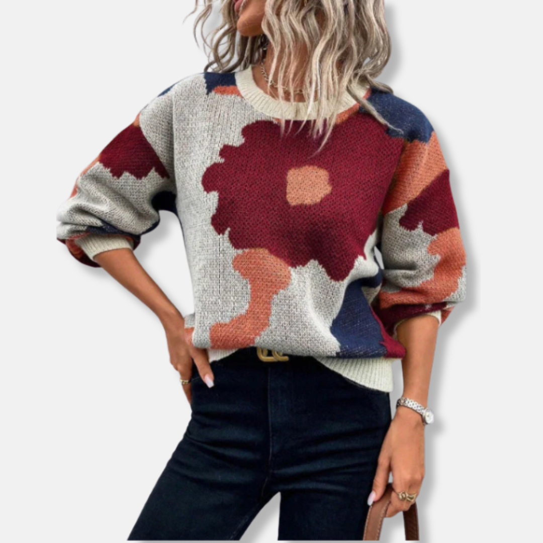 Romane Laine Sweater Relaxed Fit à Manches Ballon Sweater | Abstract Floral Sweater