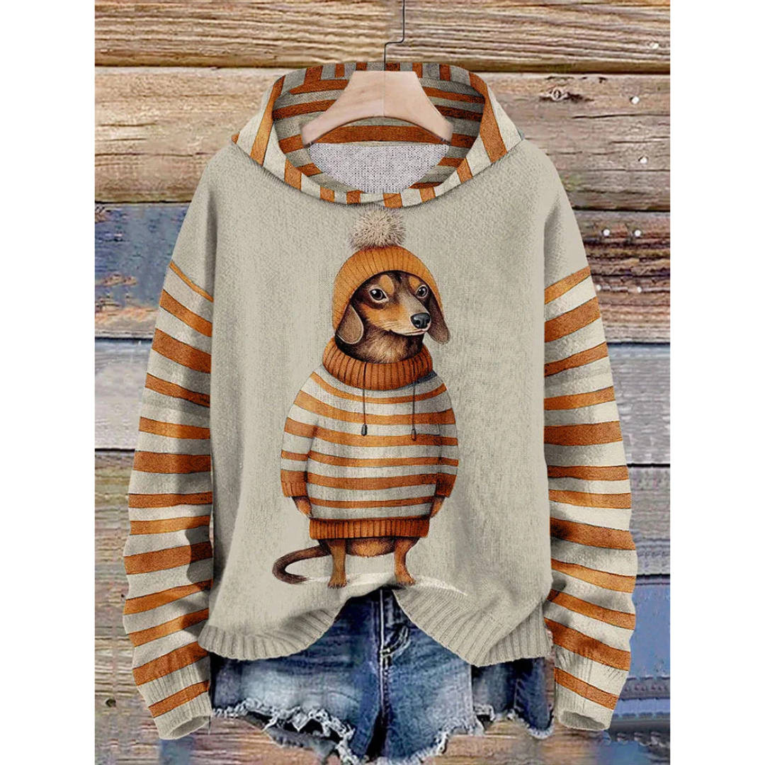 Sweat à capuche femme – Coupe décontractée – Toucher duveté – Motif chien cartoon – Manches rayées