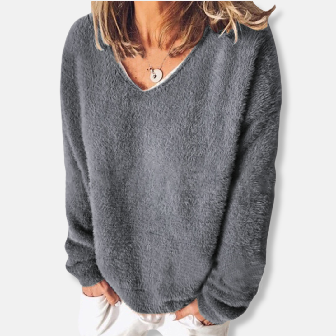 Femme Sweatshirt - Maille Pelucheuse - Coupe Décontractée - Col V - Manches Longues