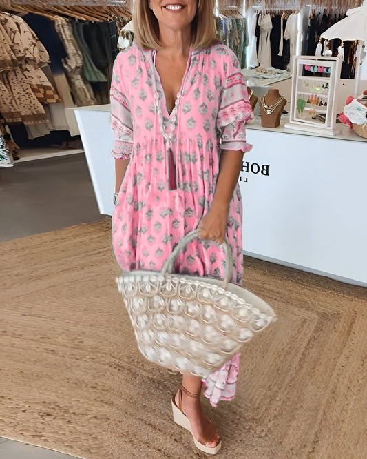 Robe longue femme – Tissu naturel – Motif bohème – Manches 3/4 – Coupe fluide