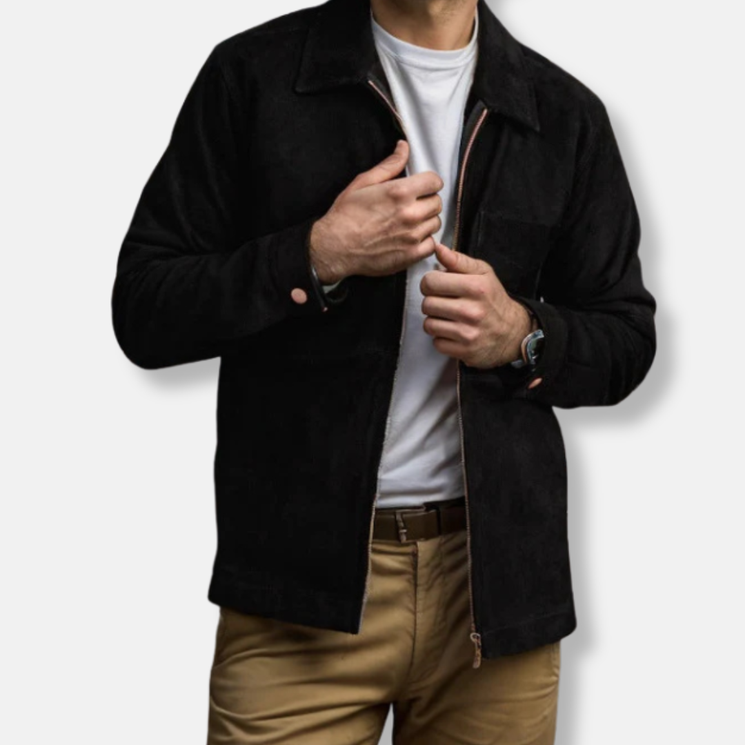 Veste homme – Coupe slim – Suédine – Col montant – Fermeture zippée – Style décontracté