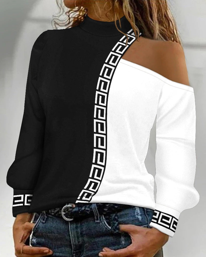 Top Femme - Épaules Dénudées - Col Asymétrique - Motif Géométrique - Chic et Confortable