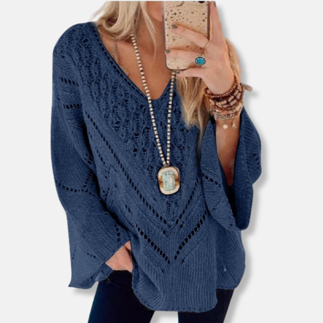 Pull femme – Coupe ample – Maille crochet – Manches évasées – Col en V