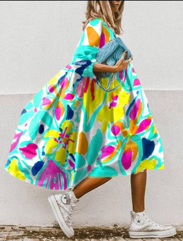 Robe Maxi Femme - Fluide et Confortable - Manches 3/4 - Col Rond - Motif Fleuri