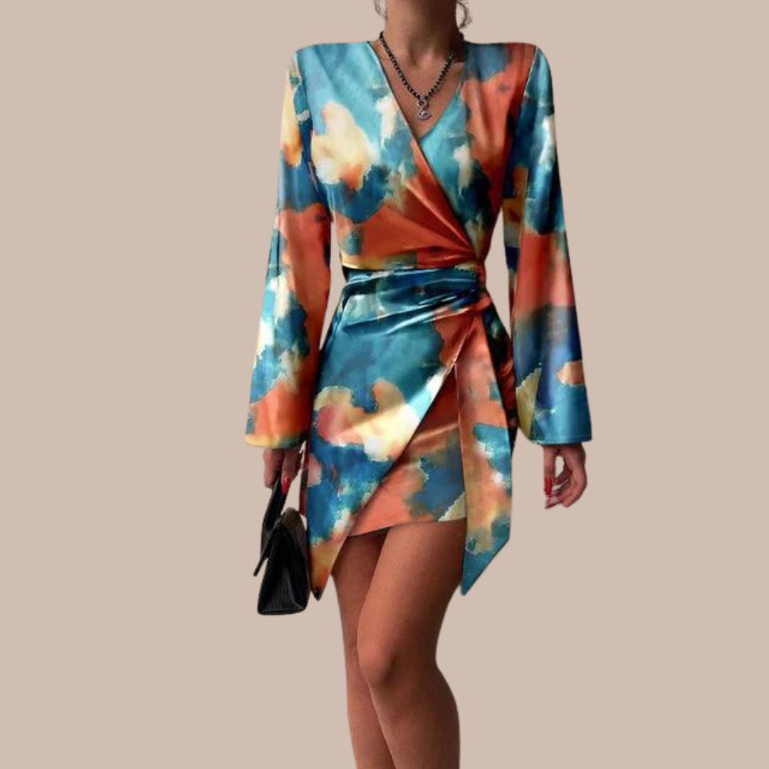 Robe Portefeuille Femme - Manches Longues - Encolure V - Coupe Ajustable - Imprimé Moderne